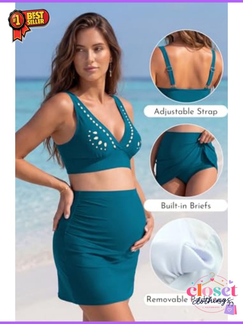 Maternity 2 Piece Bikini Set V Neck Swim Top Pregnancy Skirt Bottom - Picture 4 of 6